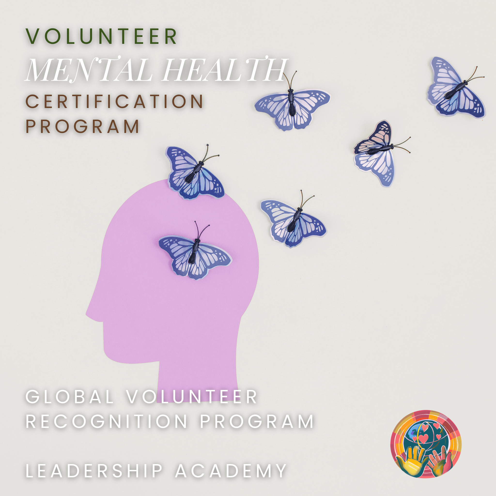 Advertisement for a Volunteer Mental Health Certification Program with butterflies and a silhouette of a head.