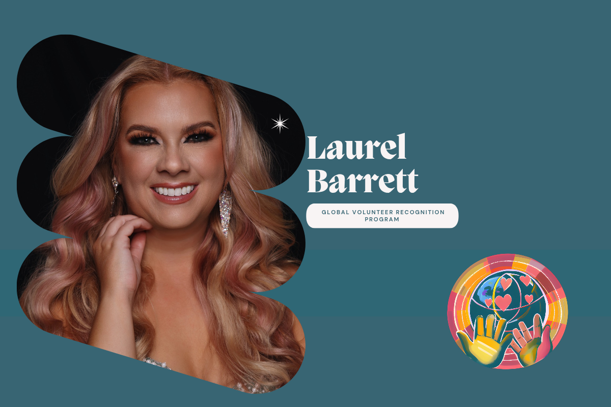 Laurel Barrett Woman with long, wavy blonde hair wearing a sparkly dress against a black background