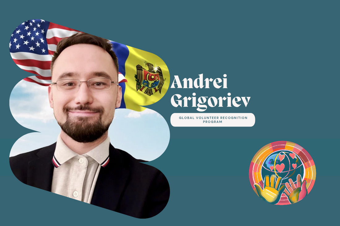 Andrei Grigoriev Man with American and Moldovan flags in the background