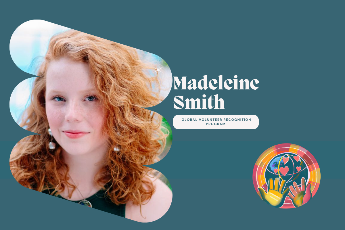 Portrait of Madeleine Smith, a teen leader and aspiring medical star with curly red hair and a confident smile.