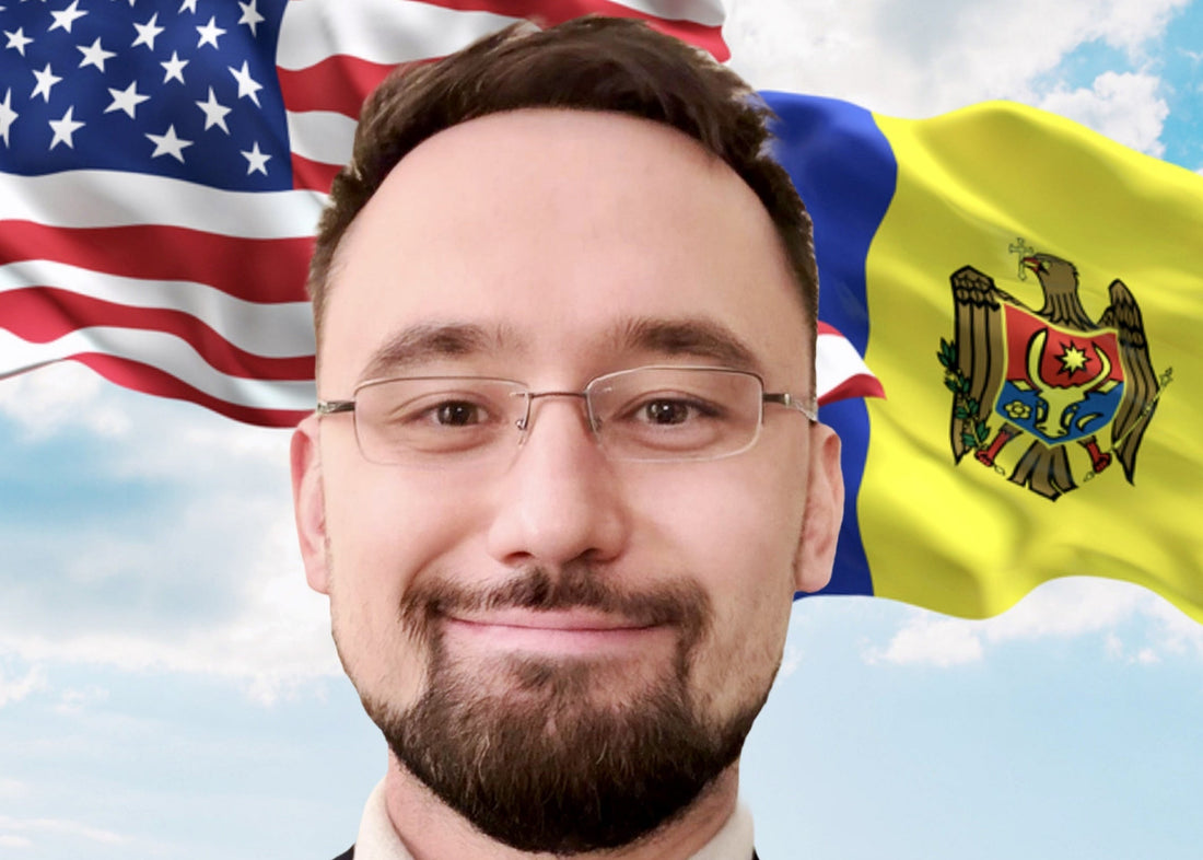 Andrei Grigoriev Man with American and Moldovan flags in the background