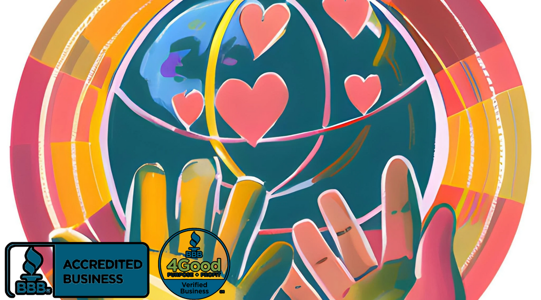 Colorful illustration of two hands holding hearts with a multicolored circular design.