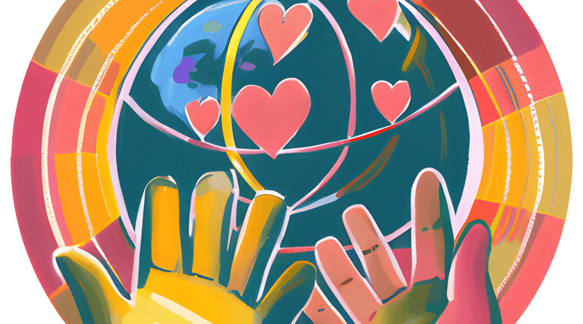 2024 Global Volunteer Recognition Program Colorful illustration of two hands holding hearts with a multicolored circular design.
