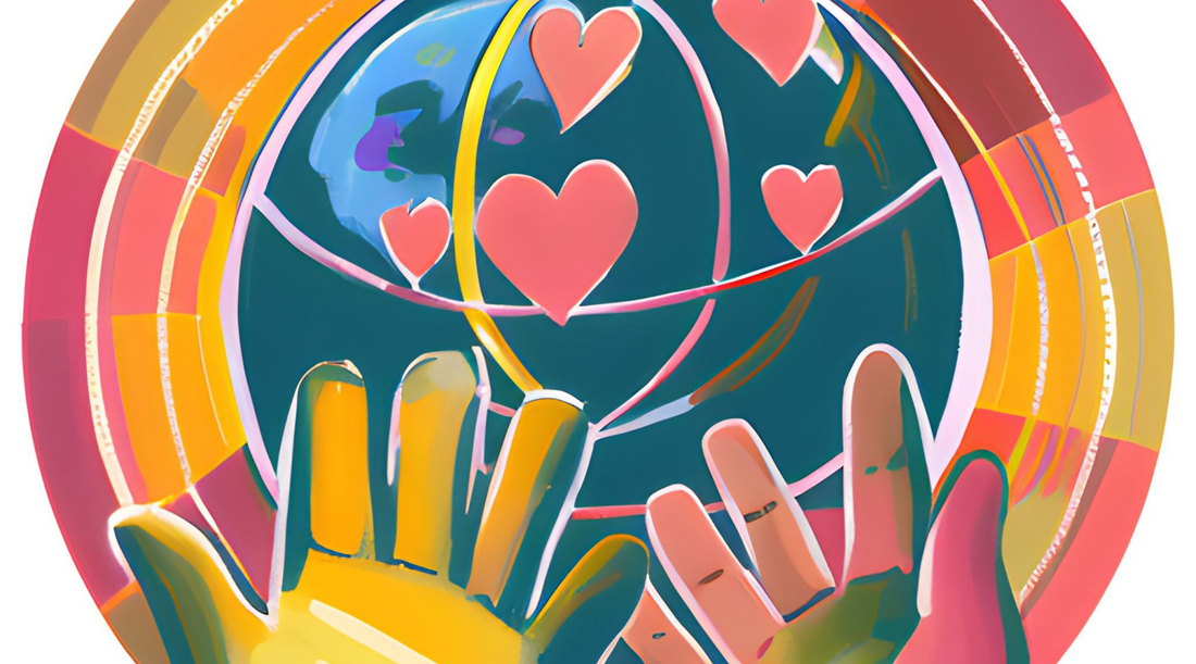 Colorful illustration of two hands holding hearts with a multicolored circular design.