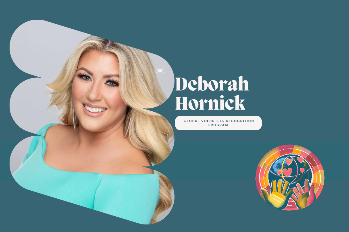 Deborah Hornick Woman with blonde hair wearing a teal dress against a gray background