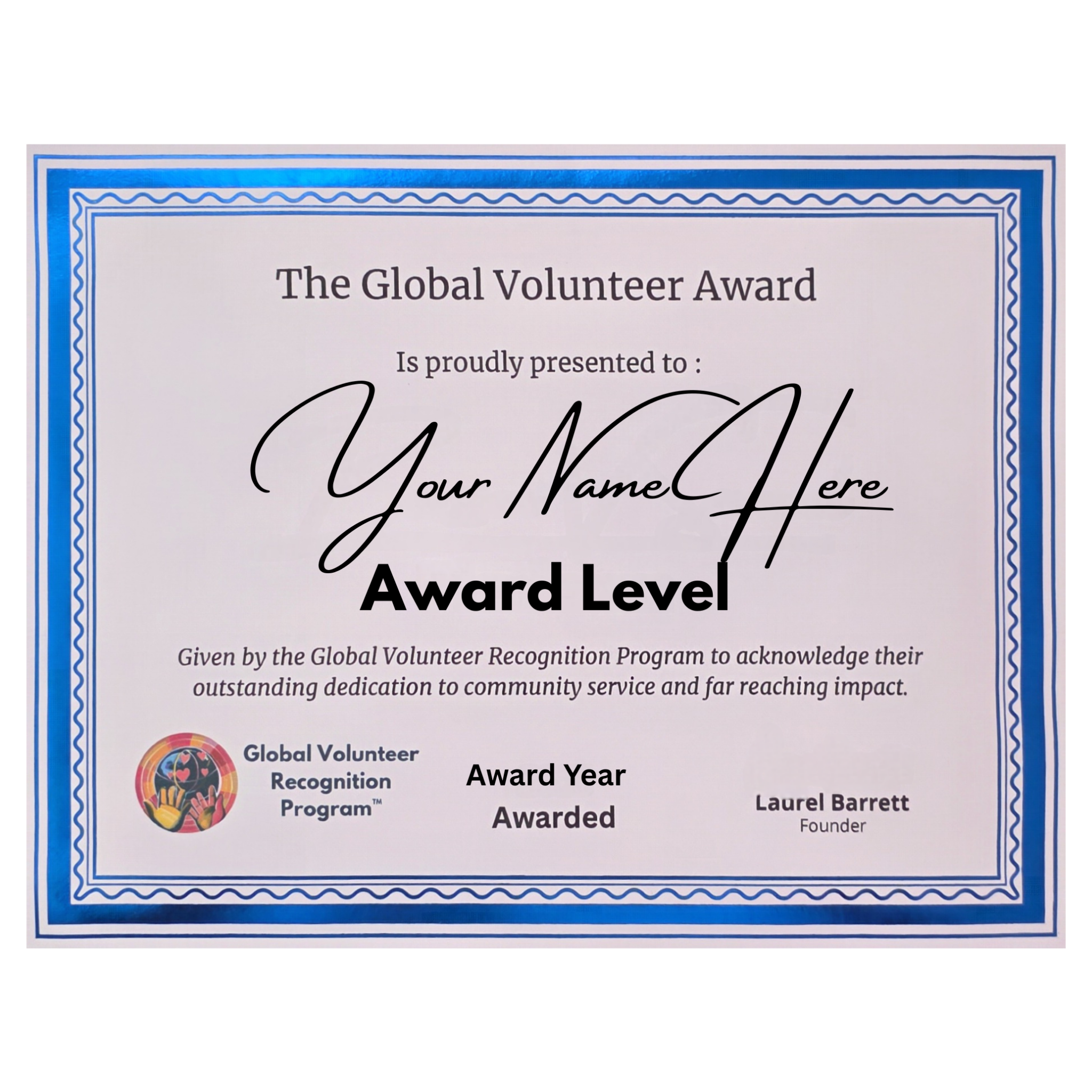 Global Volunteer Award certificate with customizable name and award level on a white background