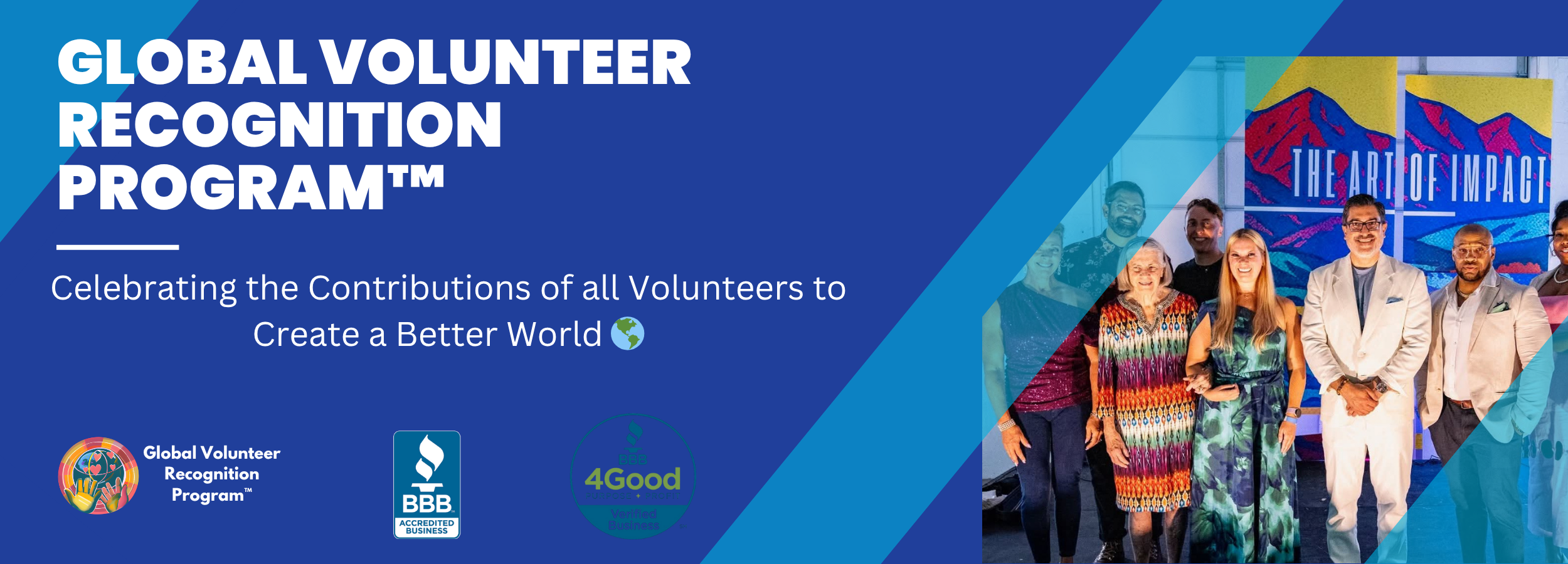 Promotional banner for the Global Volunteer Recognition Program with a group of volunteers in the background.