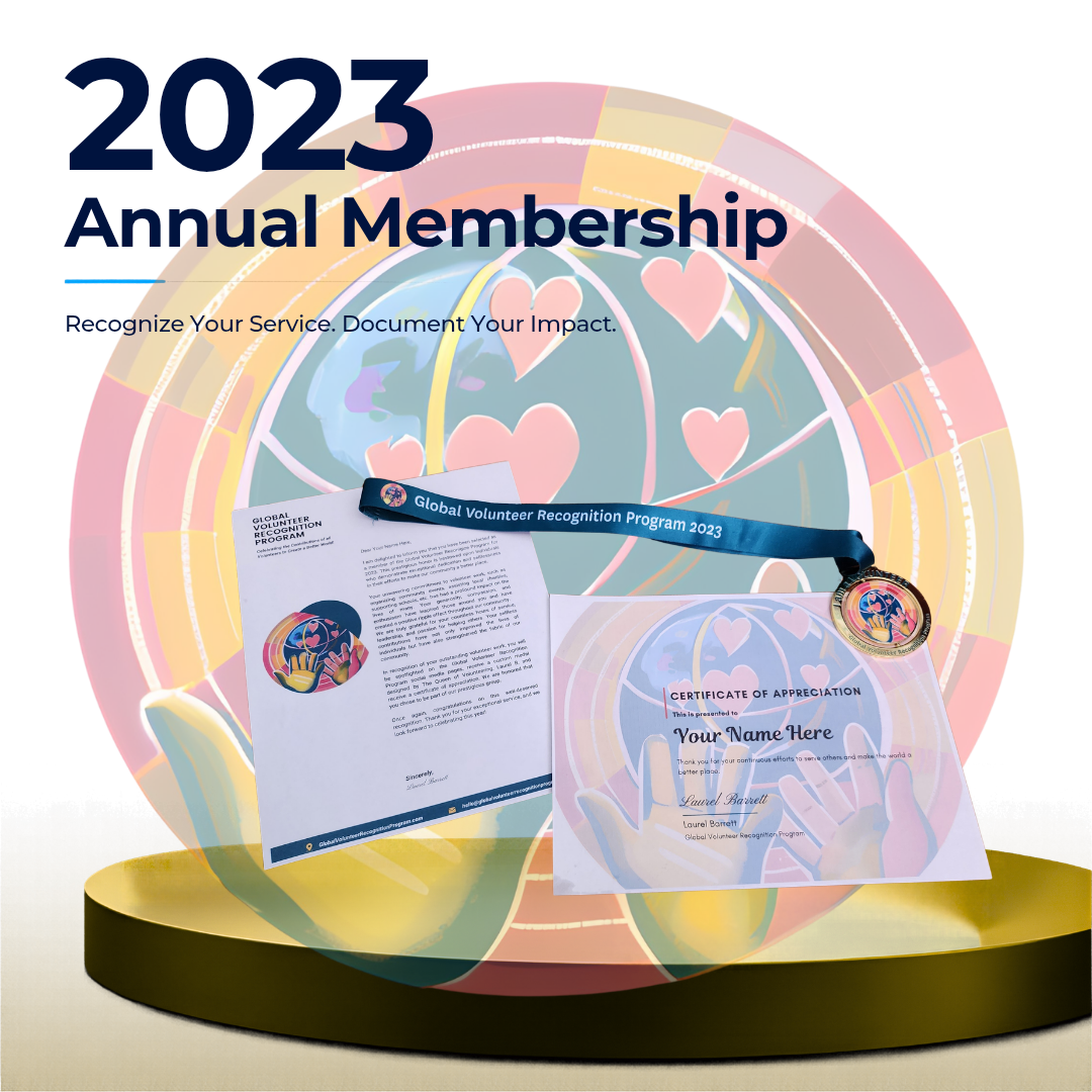 2023 Annual Membership certificate and medal set displayed on a gold pedestal against a colorful abstract background with hearts and a globe. Large text reads '2023 Annual Membership' with a subtitle about recognizing service and documenting impact.