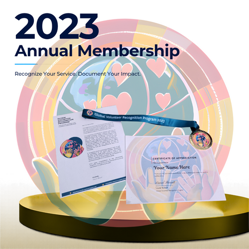 2023 Annual Membership certificate and medal set displayed on a gold pedestal against a colorful abstract background with hearts and a globe. Large text reads '2023 Annual Membership' with a subtitle about recognizing service and documenting impact.