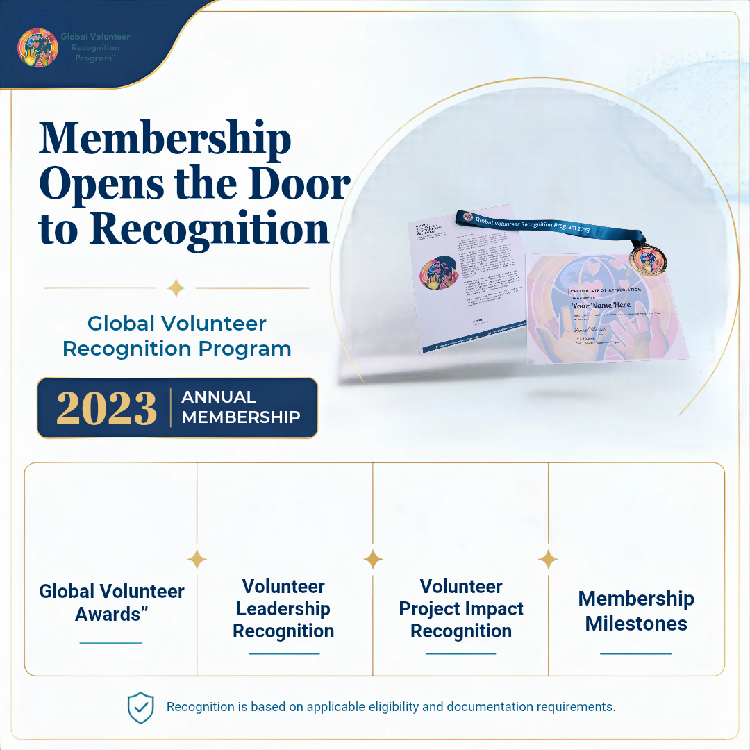 Promotional graphic for the Global Volunteer Recognition Program showing 2023 annual membership details, including a small photo of a medal and certificate, with text highlighting recognition categories.
