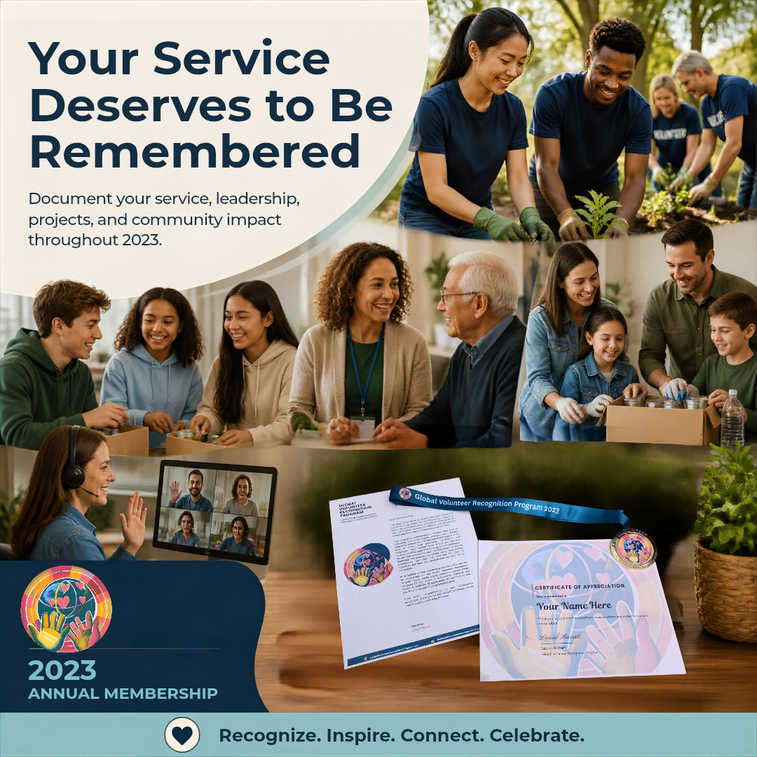 Promotional collage for a service recognition award, featuring people working together in a garden, smiling and interacting in a community setting, a woman speaking into a headset, and sample award certificates and medals on a desk. Large text reads, 'Your Service Deserves to Be Remembered,' with '2023 Annual Membership' at the bottom.