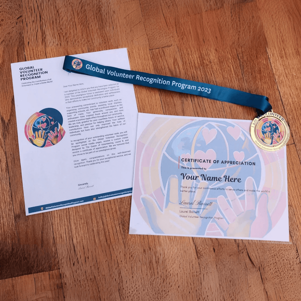2023 Global Volunteer Recognition Program Membership certificate and medal with a letter.
