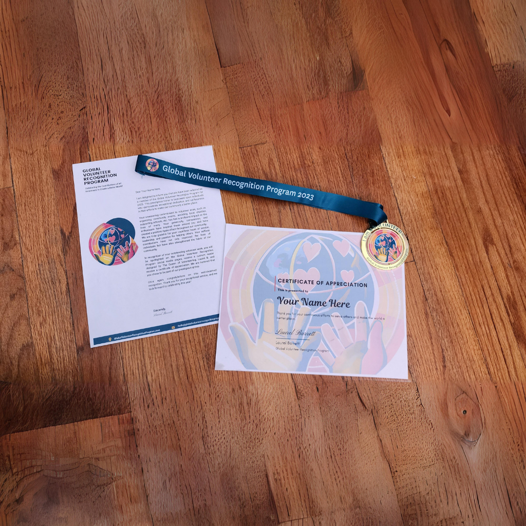 2023 Global Volunteer Recognition Program Membership certificate and medal with a letter.