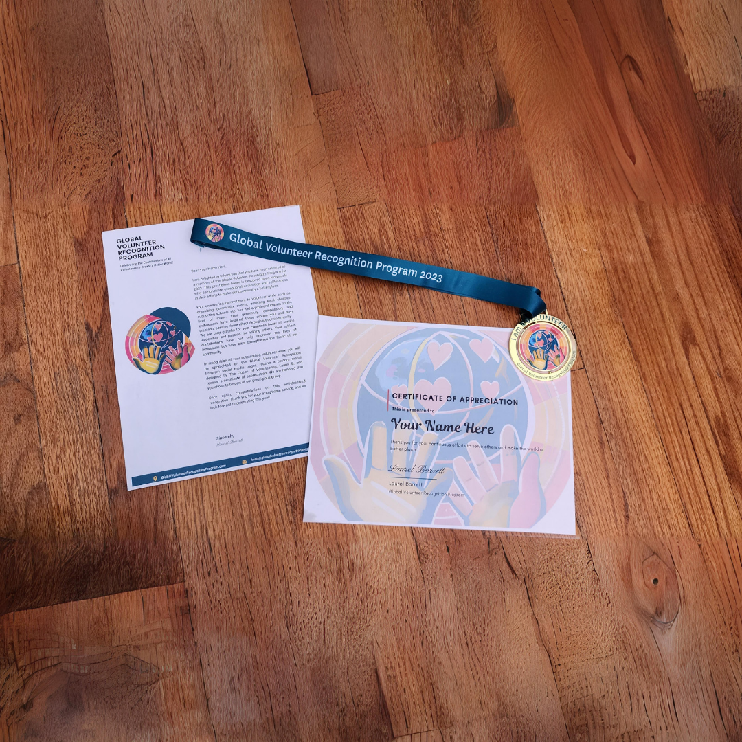 2023 Global Volunteer Recognition Program Membership certificate and medal with a letter.