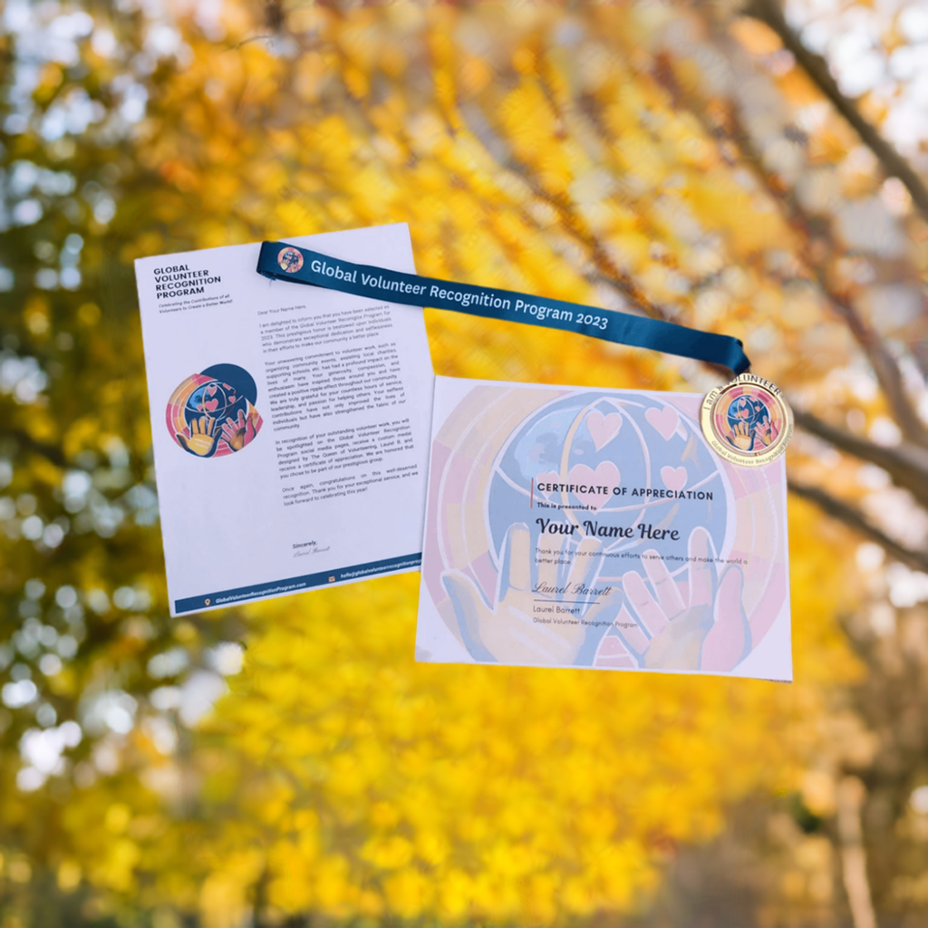 2023 Global Volunteer Recognition Program Membership certificate and medal with a letter.
