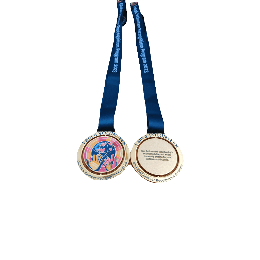 Keepsake Gold medal with blue ribbon on a white background
