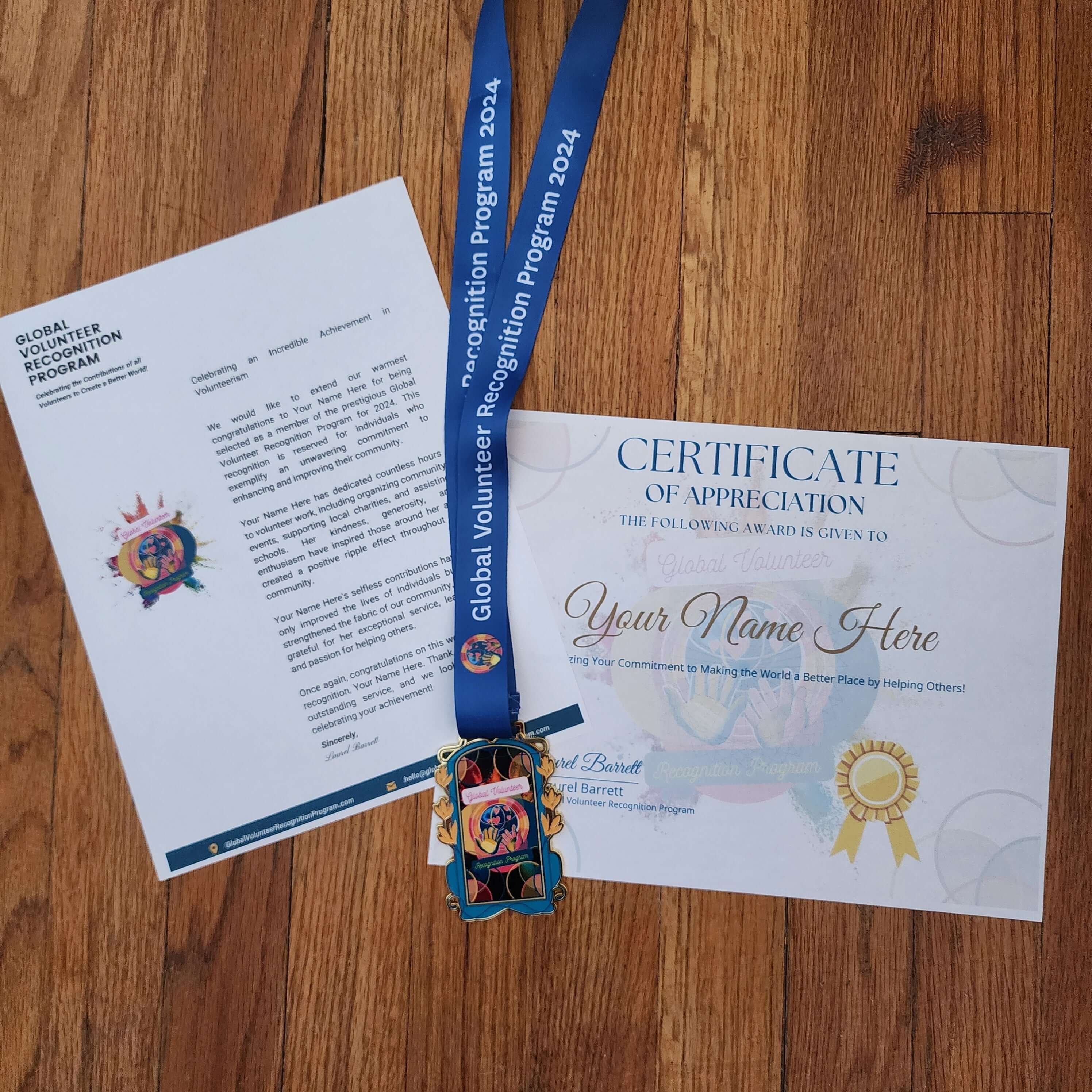 Certificate of Appreciation, letter, and decorative ribbon on a white background