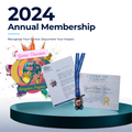 Promotional graphic for a 2024 Annual Membership in a Global Volunteer Recognition Program, showing sample certificate, document, and ribbon award on a teal pedestal against a white background.