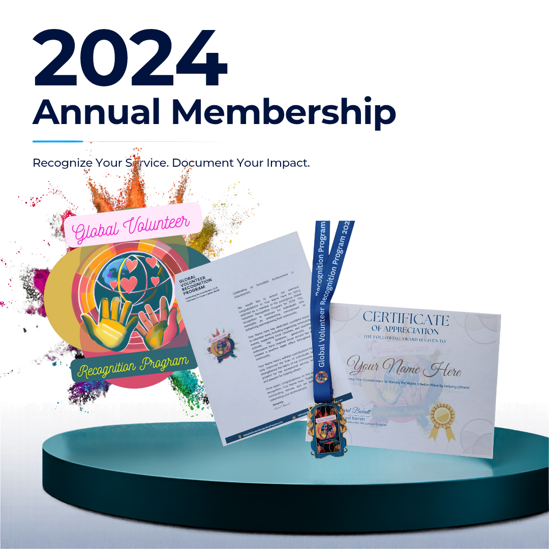 Promotional graphic for a 2024 Annual Membership in a Global Volunteer Recognition Program, showing sample certificate, document, and ribbon award on a teal pedestal against a white background.