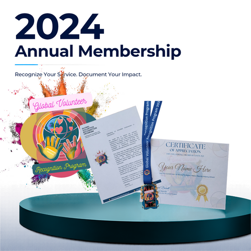Promotional graphic for a 2024 Annual Membership in a Global Volunteer Recognition Program, showing sample certificate, document, and ribbon award on a teal pedestal against a white background.
