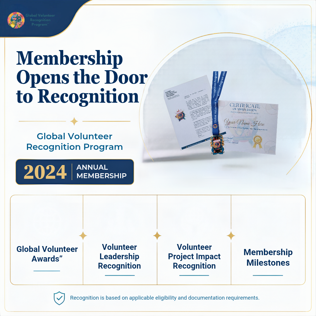 Promotional graphic for the Global Volunteer Recognition Program 2024 Annual Membership, showing a certificate, award plaque, and booklet, with text outlining recognition categories on a clean white background.