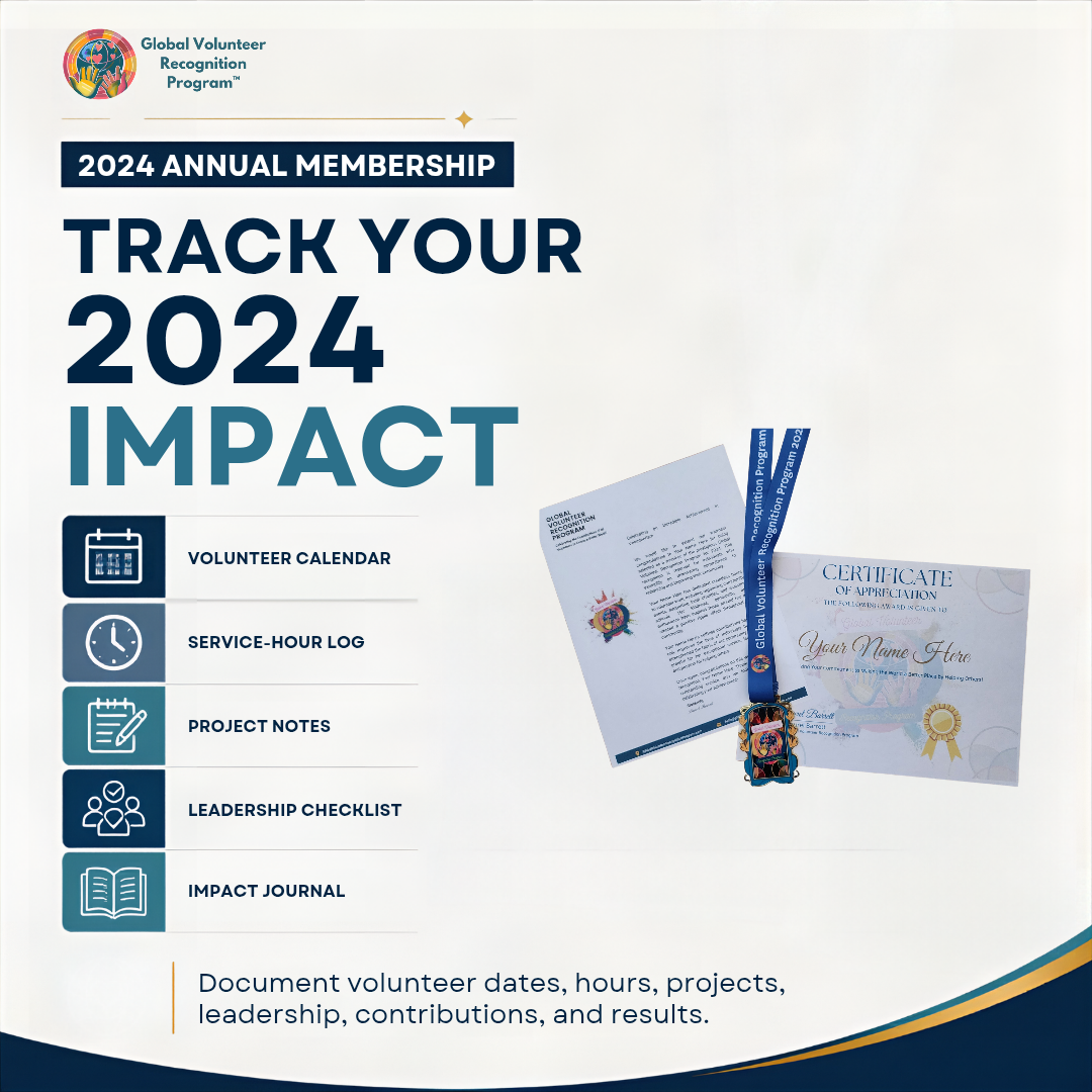 Promotional graphic for the 2024 Annual Membership of the Global Volunteer Recognition Program, showing document templates and a certificate with a blue ribbon on a white background with dark teal text and icons.