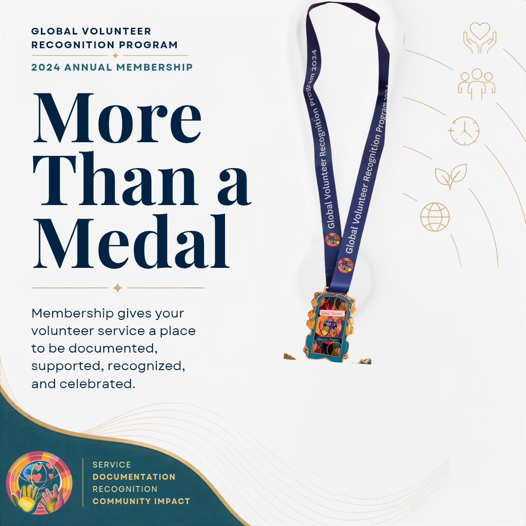 Promotional graphic for the 2024 Annual Membership of the Global Volunteer Recognition Program, featuring a navy lanyard with a colorful medallion on a light gray background with text and service documentation icons.