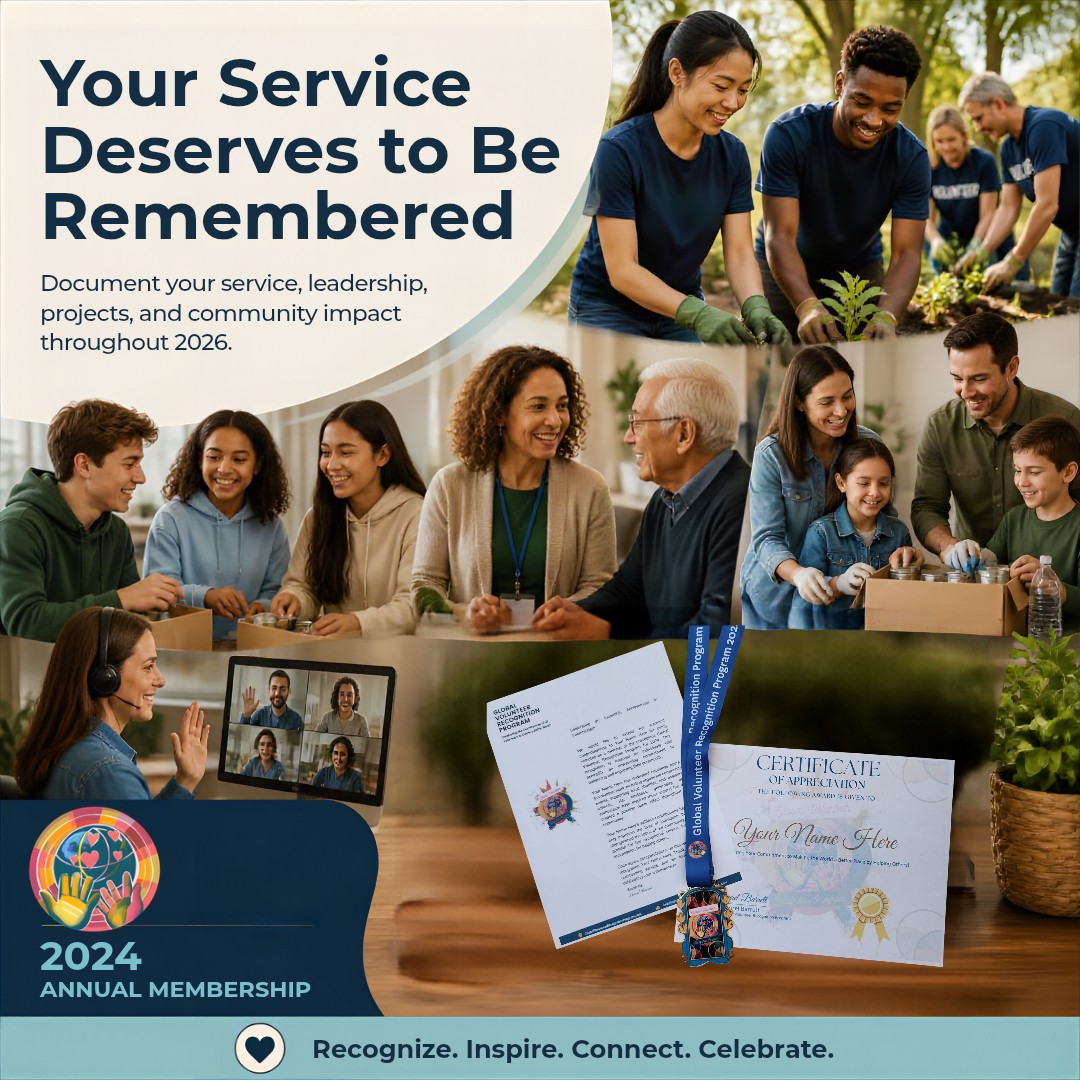 A promotional collage for a 2024 annual membership service, featuring multiple photos of diverse groups of people engaging in outdoor and indoor community activities, with documents including a certificate and a lanyard shown in the lower right. Large text reads, 'Your Service Deserves to Be Remembered,' with a dark blue footer containing the text '2024 Annual Membership' and the slogan 'Recognize.