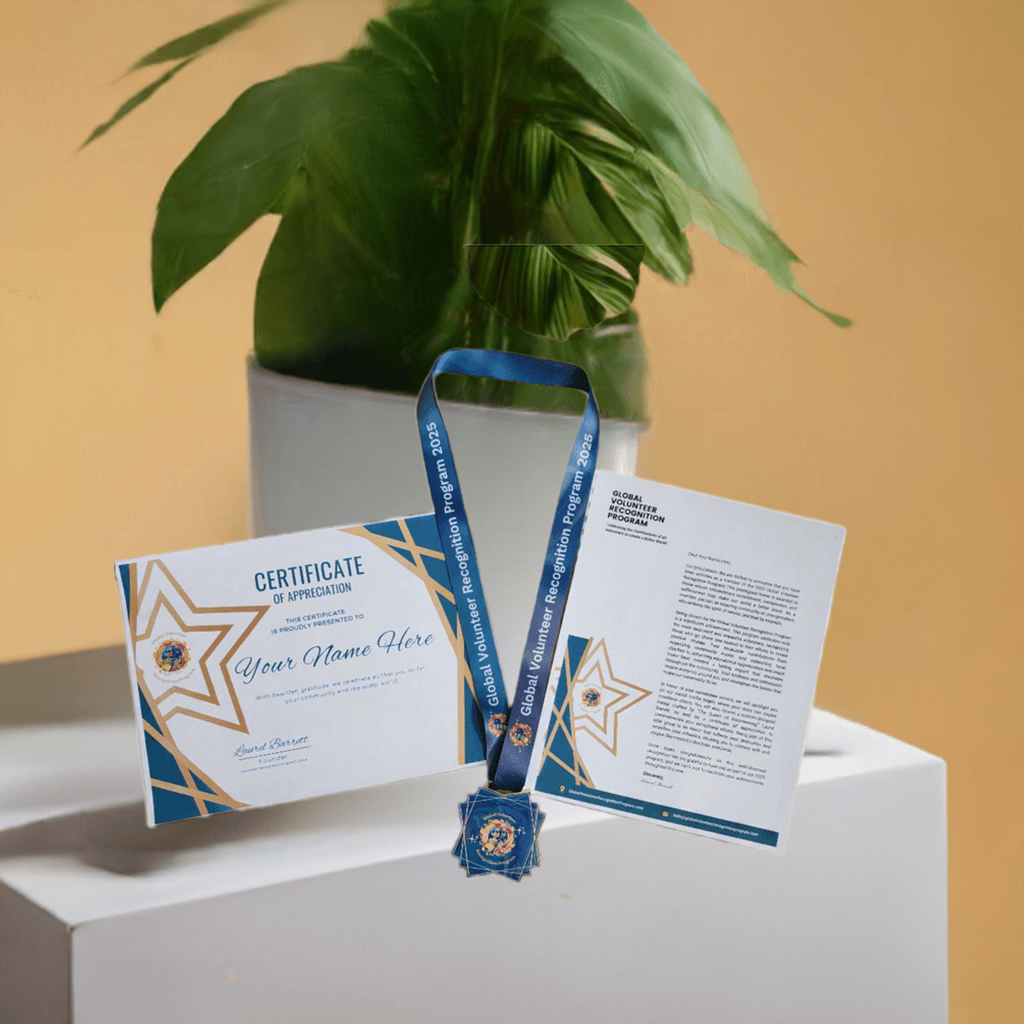 2025 Global Volunteer Recognition Program Membership Certificate of Appreciation with a blue ribbon and medal on a white background