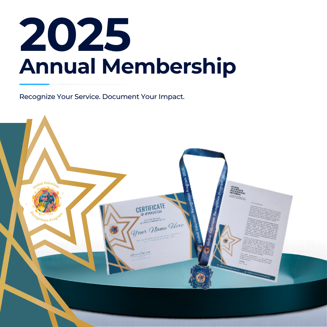 Promotional graphic for a 2025 Annual Membership, showing a certificate, matching booklet, and a blue ribbon medal with a circular emblem on a teal display platform. Large text reads '2025 Annual Membership' with the tagline 'Recognize Your Service.