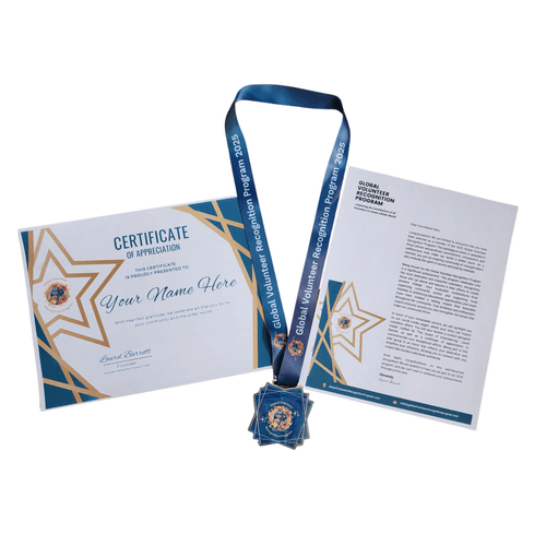 2025 Global Volunteer Recognition Program Membership Certificate of Appreciation with a blue ribbon and medal on a white background