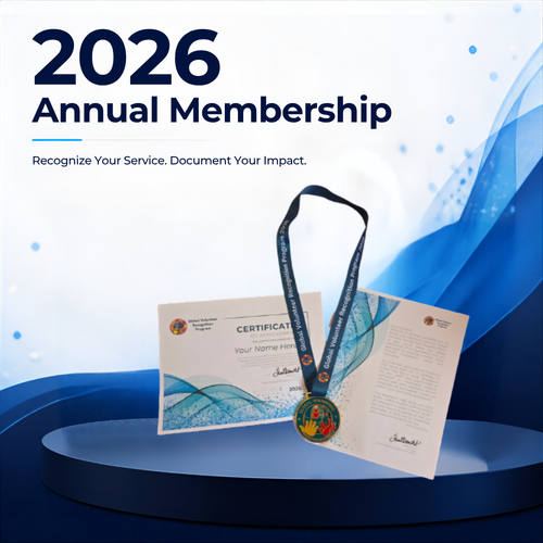 Promotional graphic for a 2026 Annual Membership award, showing a medal with a dark blue ribbon, a certificate, and an insert card displayed on a blue pedestal against a white and blue abstract background with large text reading '2026 Annual Membership'.