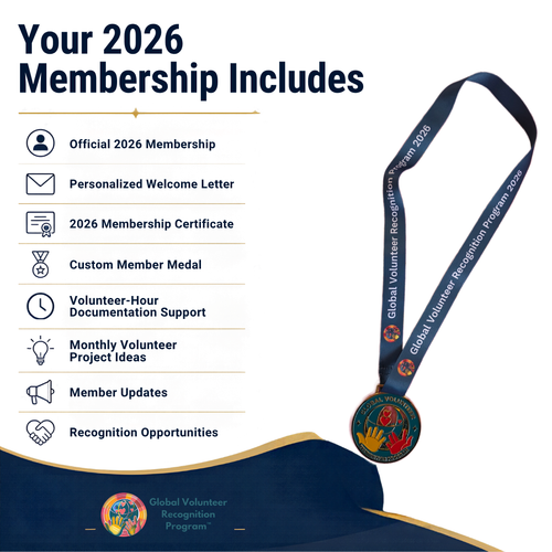 Promotional graphic for a 2026 Global Volunteer Recognition Program membership package. The left side lists included items: official 2026 membership, personalized welcome letter, 2026 membership certificate, custom member medal, volunteer-hour documentation support, monthly volunteer project ideas, member updates, and recognition opportunities.