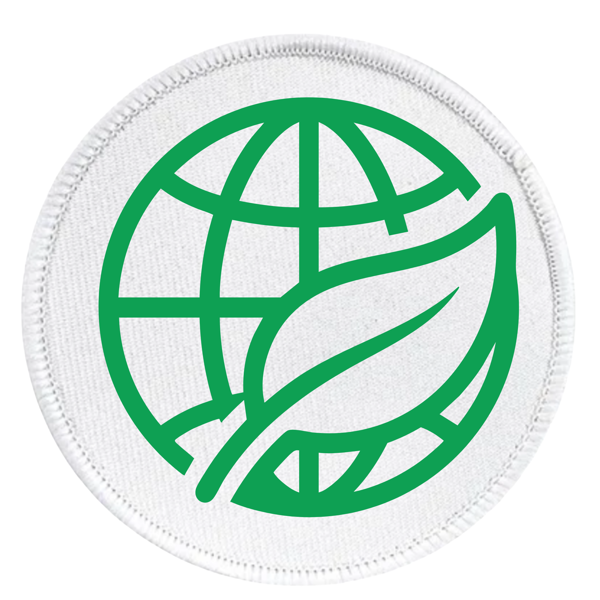 Environmental Steward Badge Green globe and leaf symbol on a white background with teal border