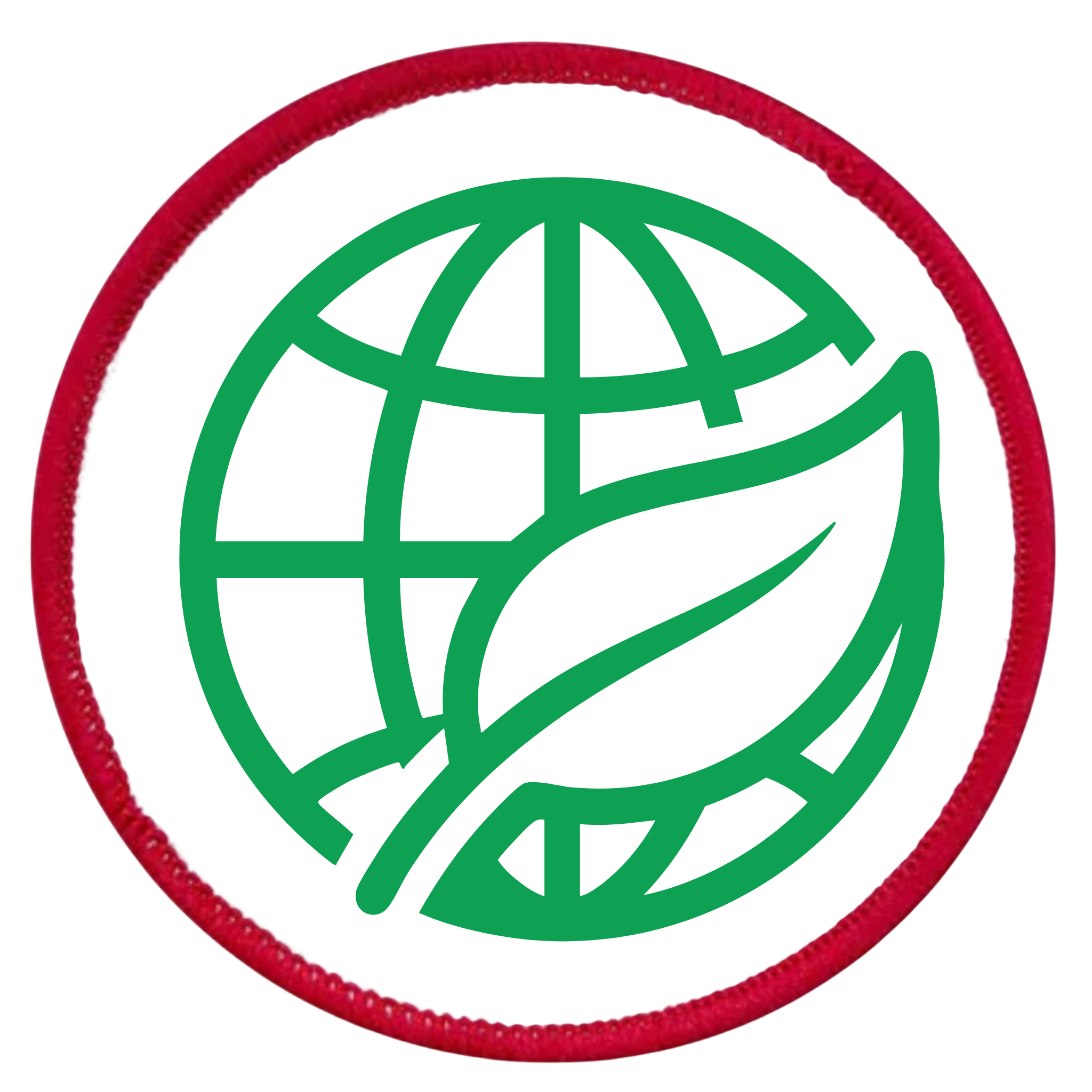 Environmental Steward Badge Green globe and leaf symbol on a white background with teal border