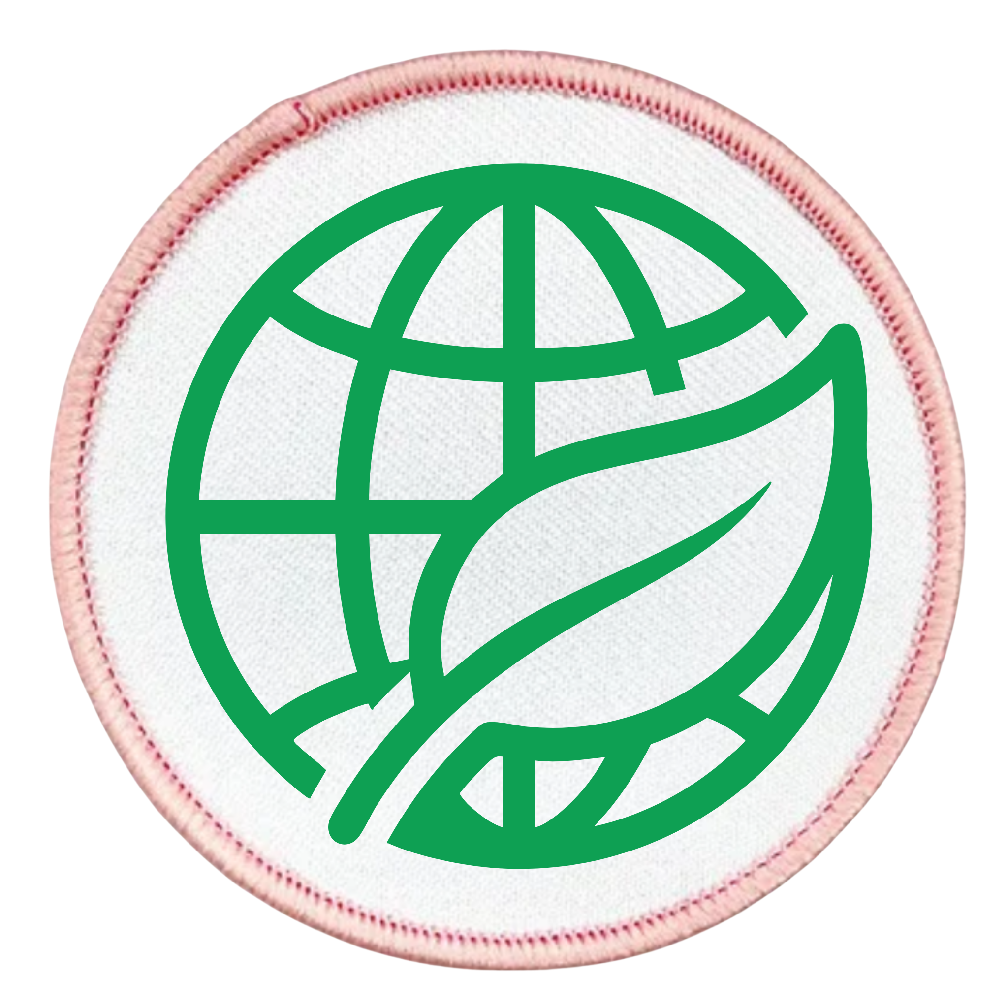 Environmental Steward Badge Green globe and leaf symbol on a white background with teal border