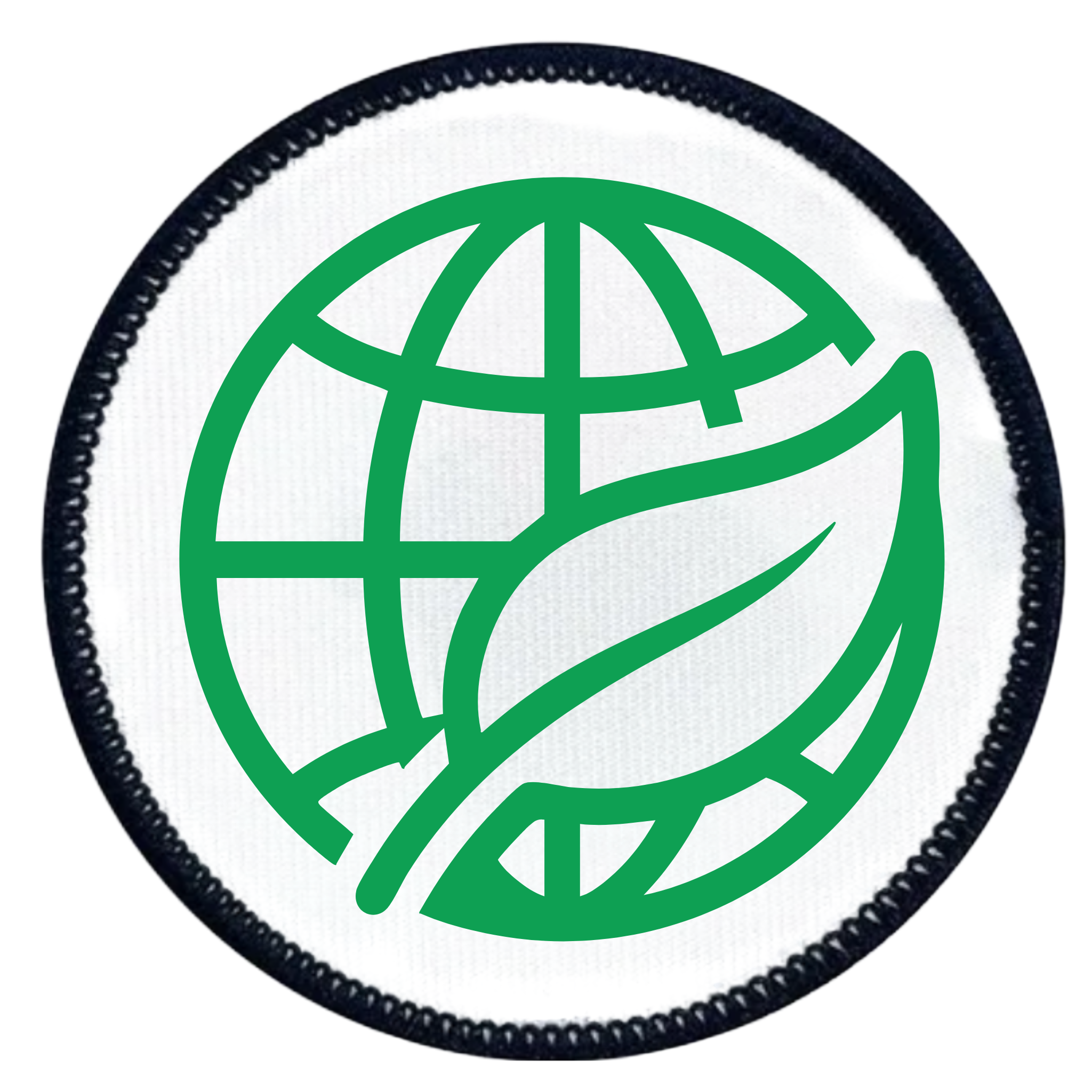 Environmental Steward Badge Green globe and leaf symbol on a white background with teal border