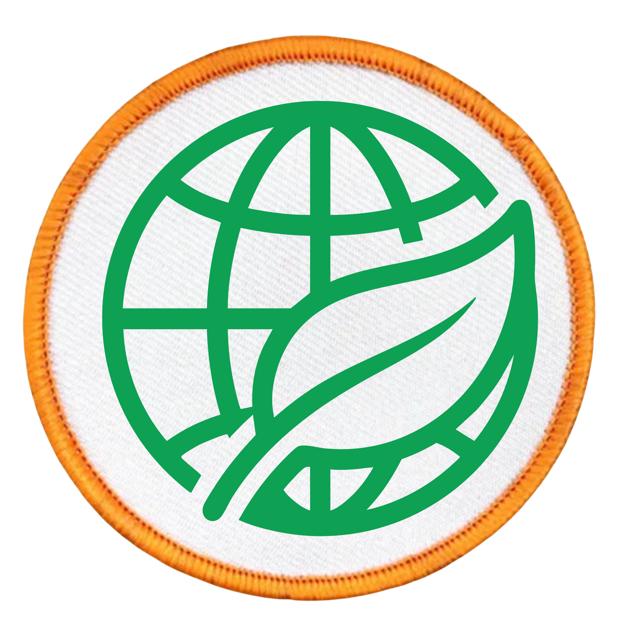 Environmental Steward Badge Green globe and leaf symbol on a white background with teal border