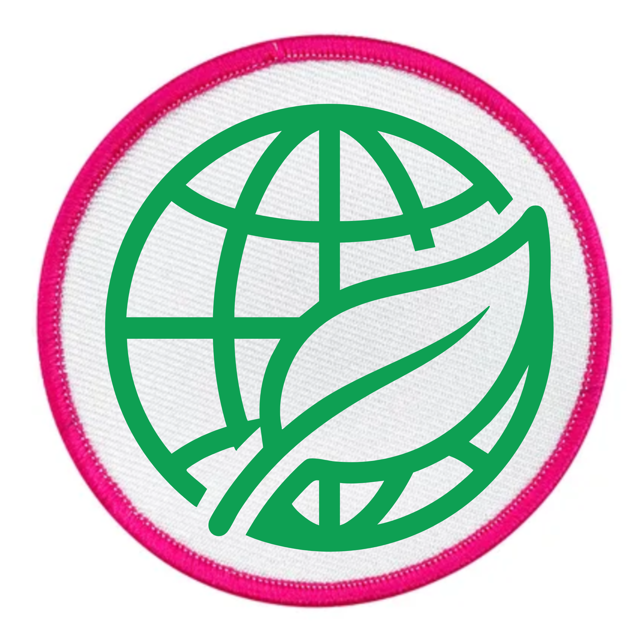 Environmental Steward Badge Green globe and leaf symbol on a white background with teal border