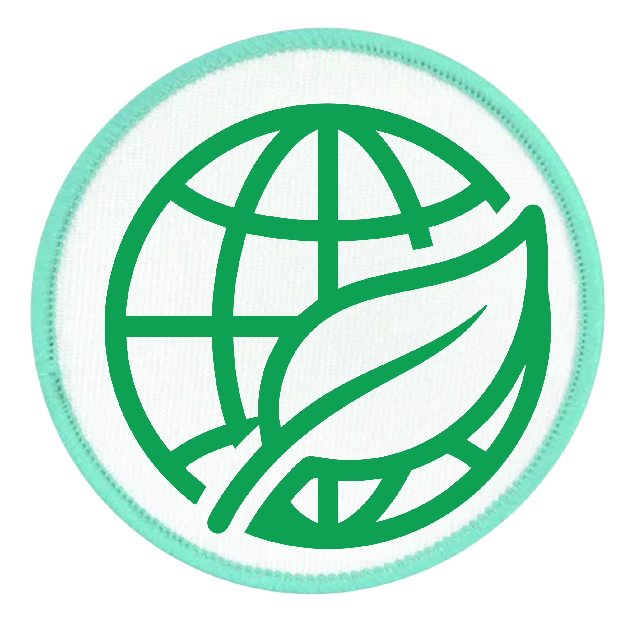 Environmental Steward Badge Green globe and leaf symbol on a white background with teal border