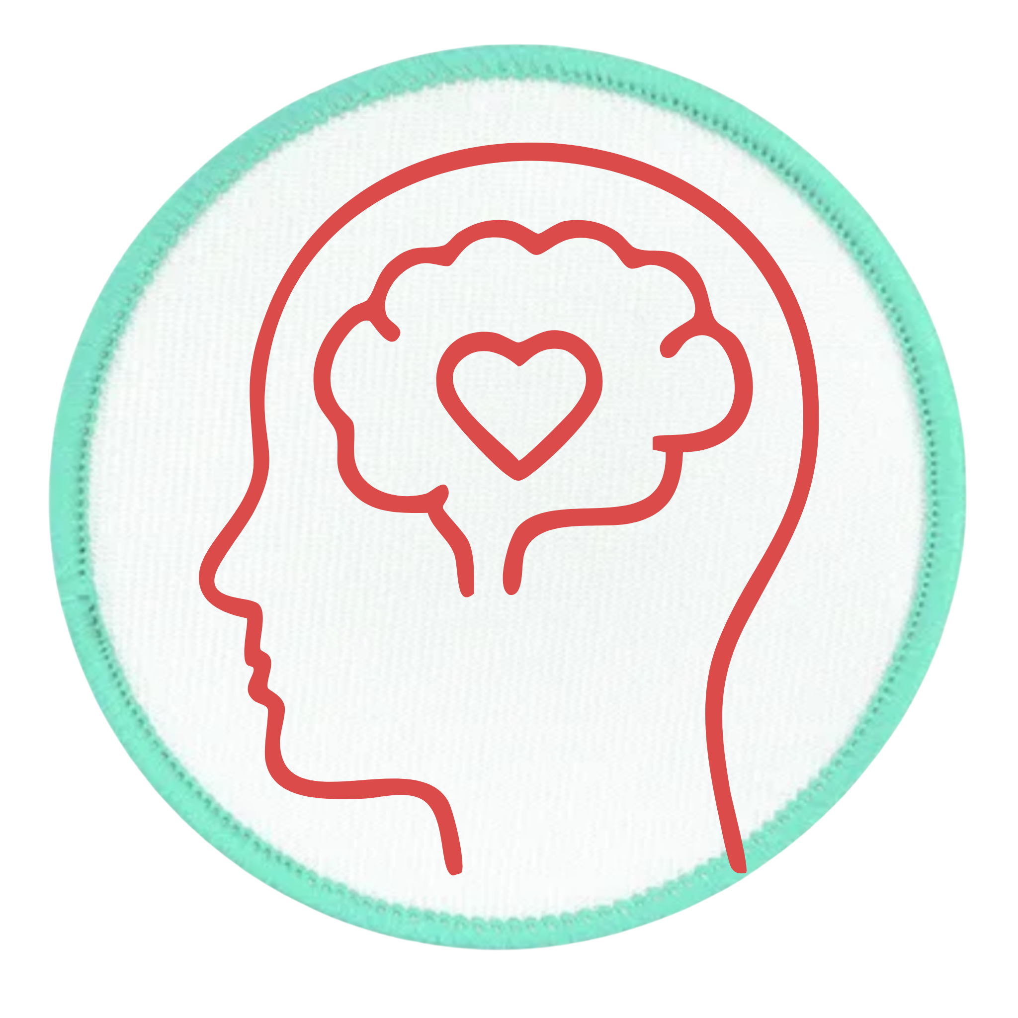 Mental Health Champion Badge Outline of a head with a heart in the brain on a white background