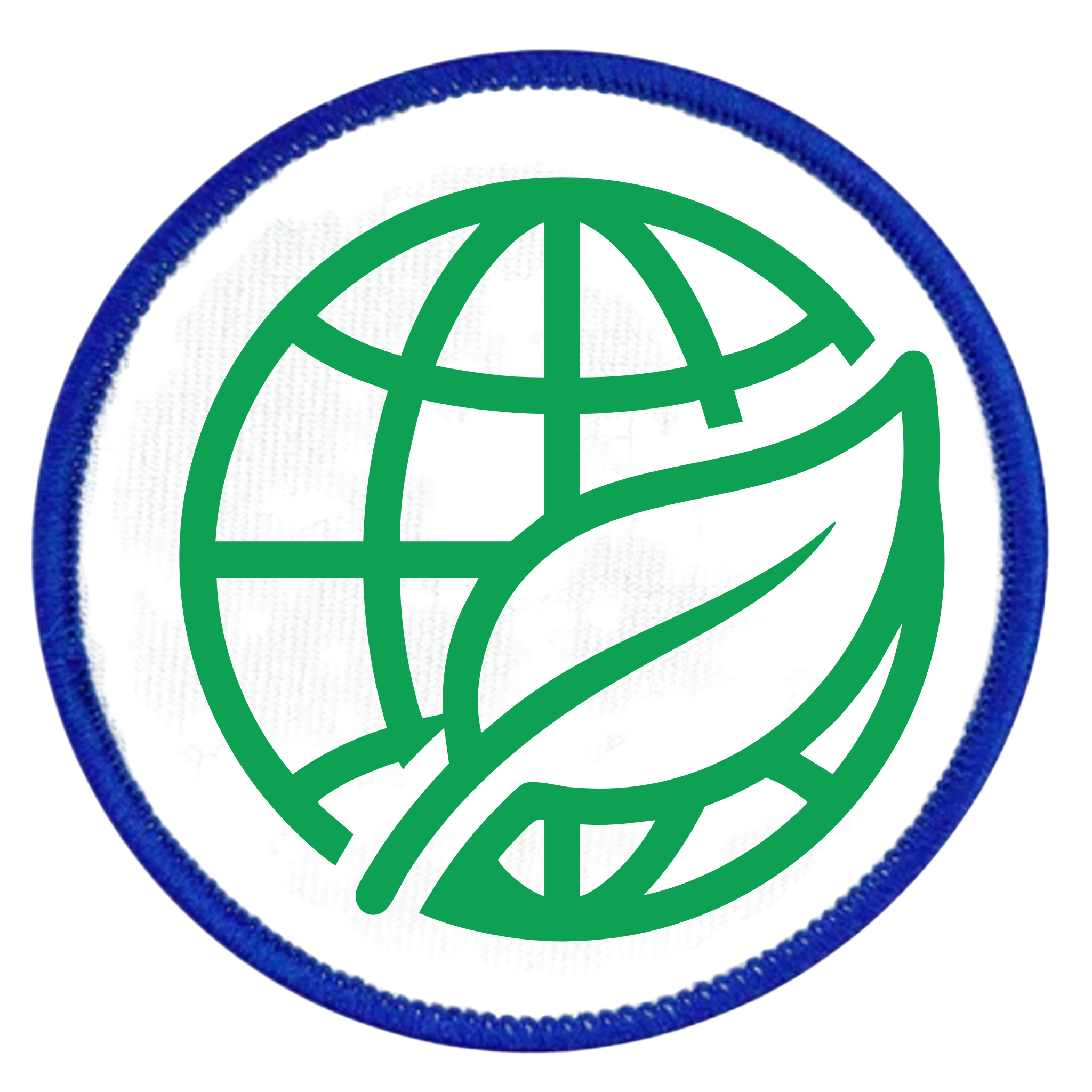 Environmental Steward Badge Green globe and leaf symbol on a white background with teal border