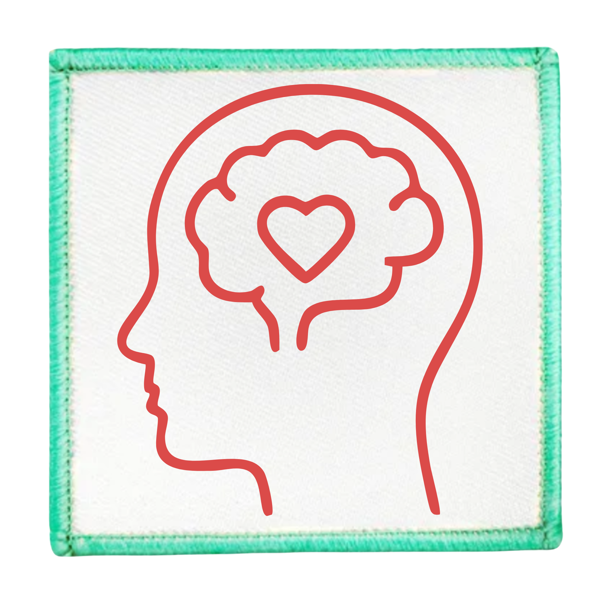 Mental Health Champion Badge Outline of a head with a heart in the brain on a white background
