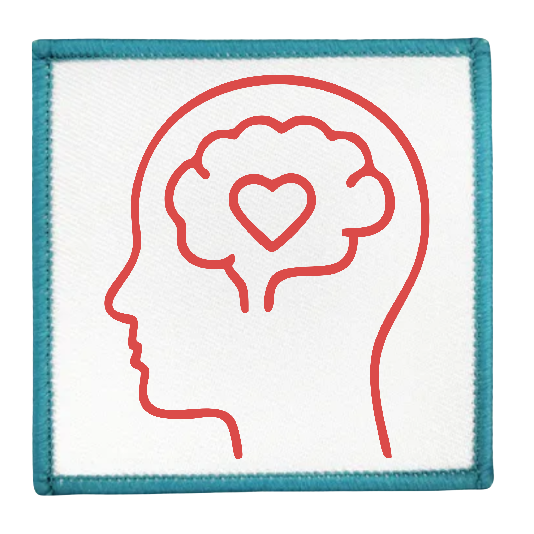 Mental Health Champion Badge Outline of a head with a heart in the brain on a white background