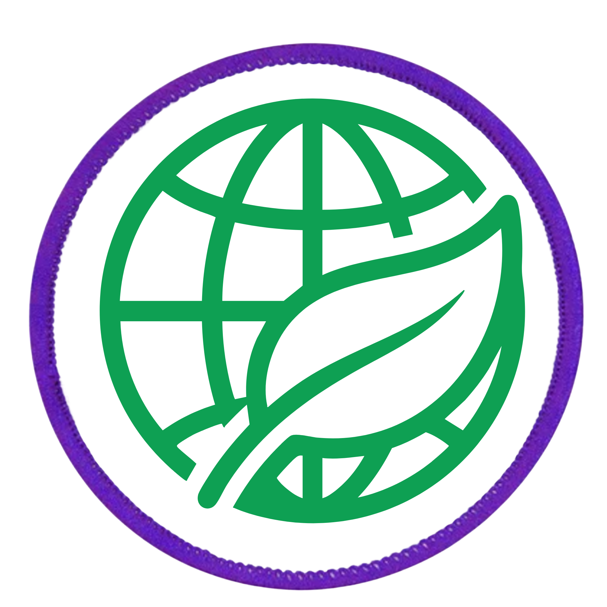 Environmental Steward Badge Green globe and leaf symbol on a white background with teal border