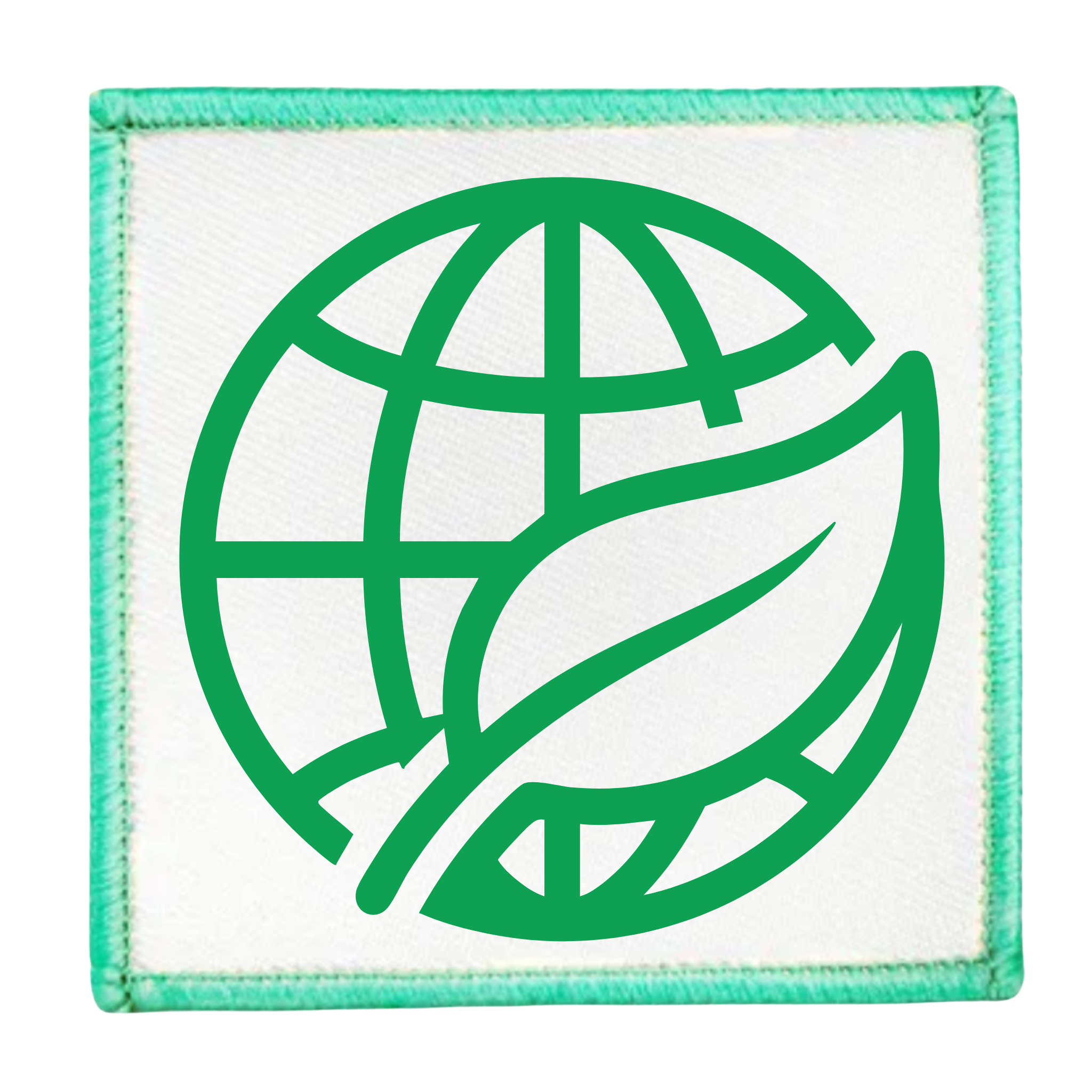 Environmental Steward Badge Green globe and leaf symbol on a white background with teal border