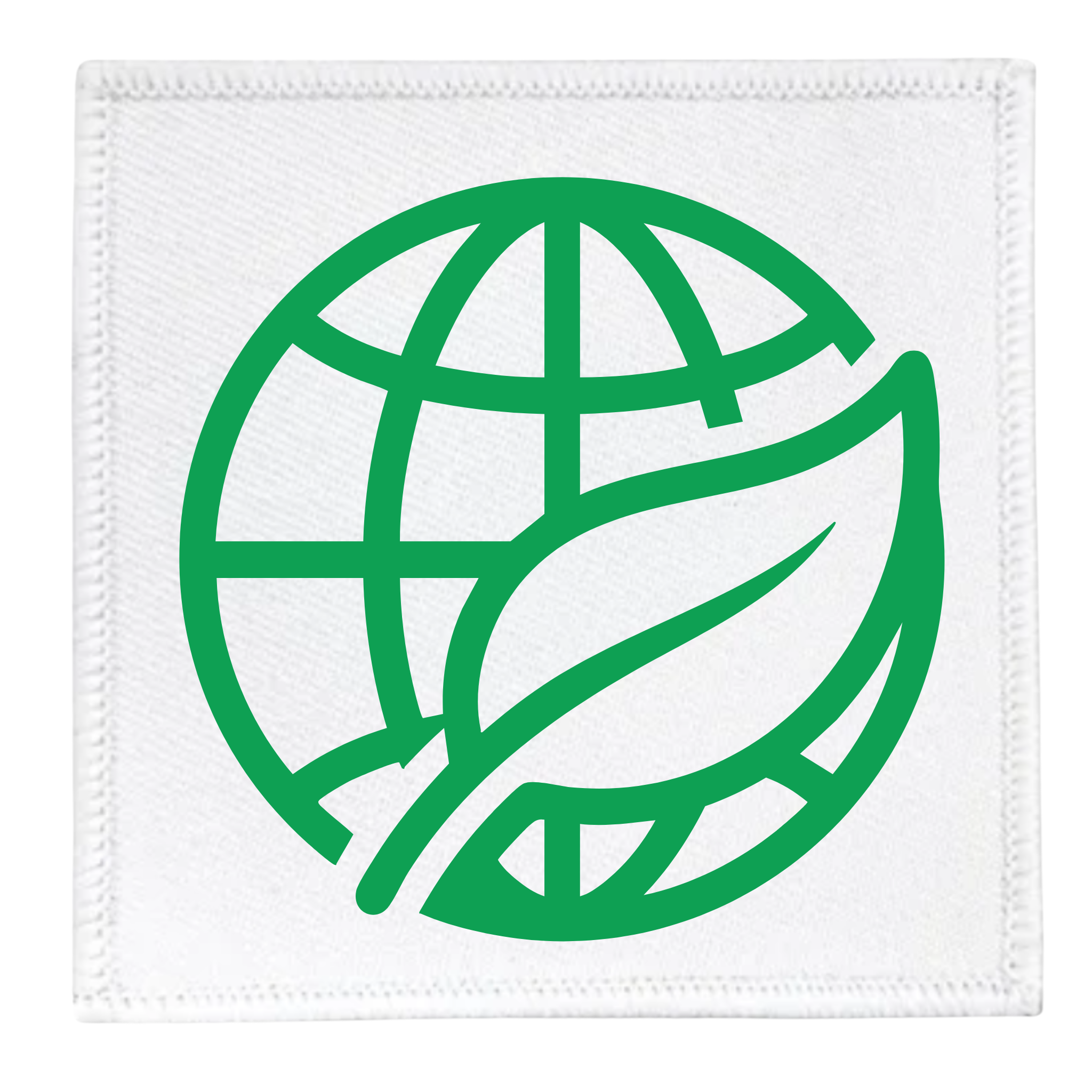 Environmental Steward Badge Green globe and leaf symbol on a white background with teal border
