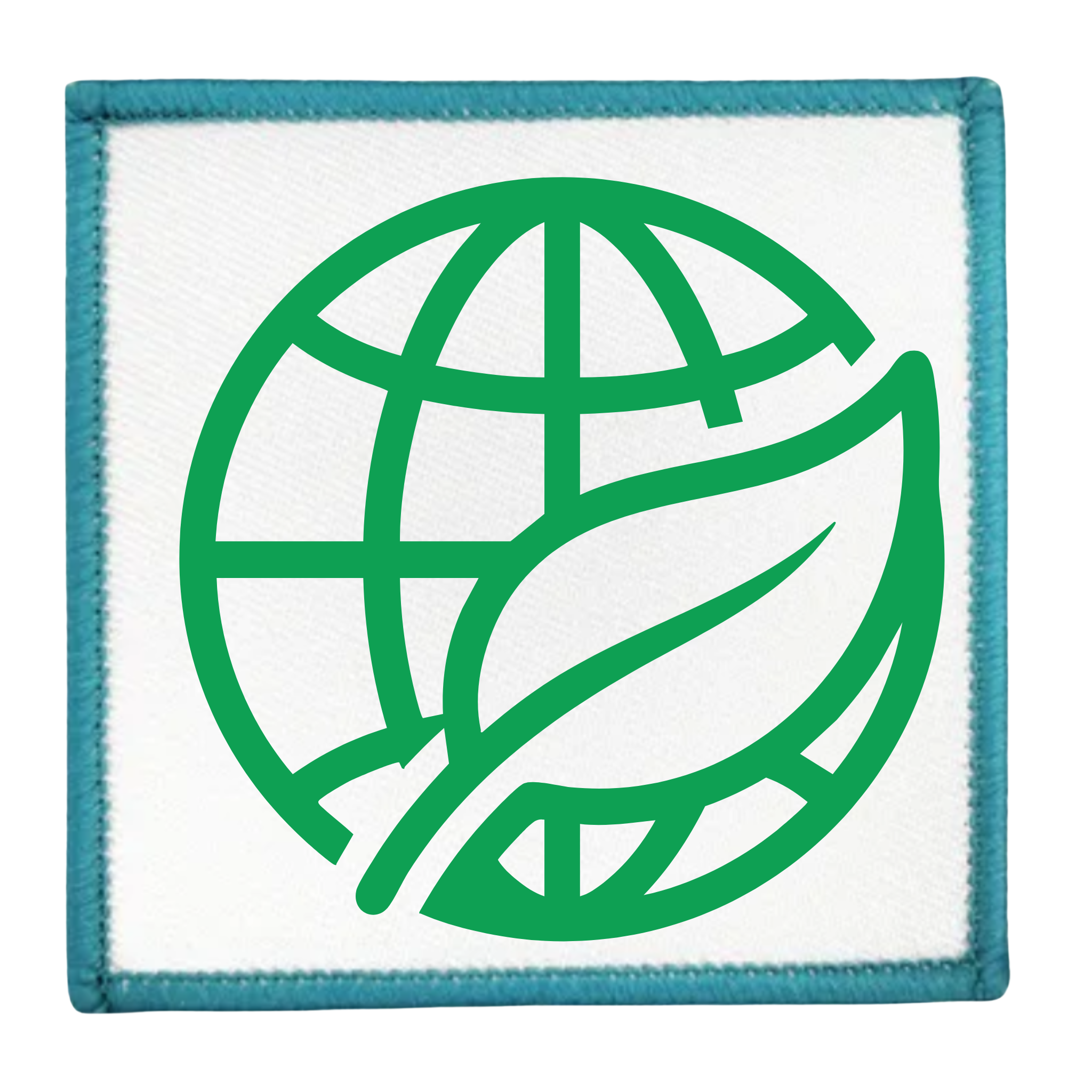 Environmental Steward Badge Green globe and leaf symbol on a white background with teal border
