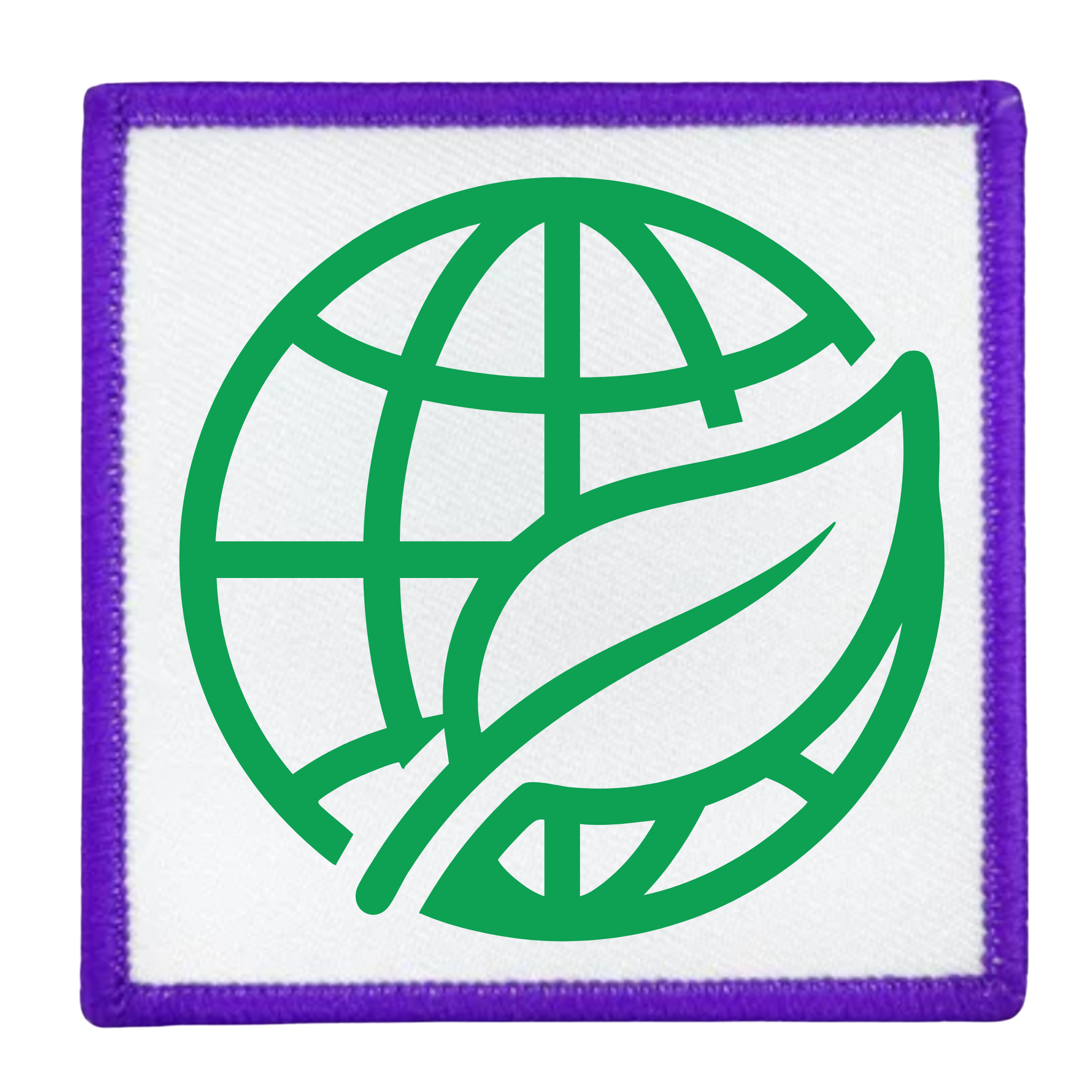 Environmental Steward Badge Green globe and leaf symbol on a white background with teal border