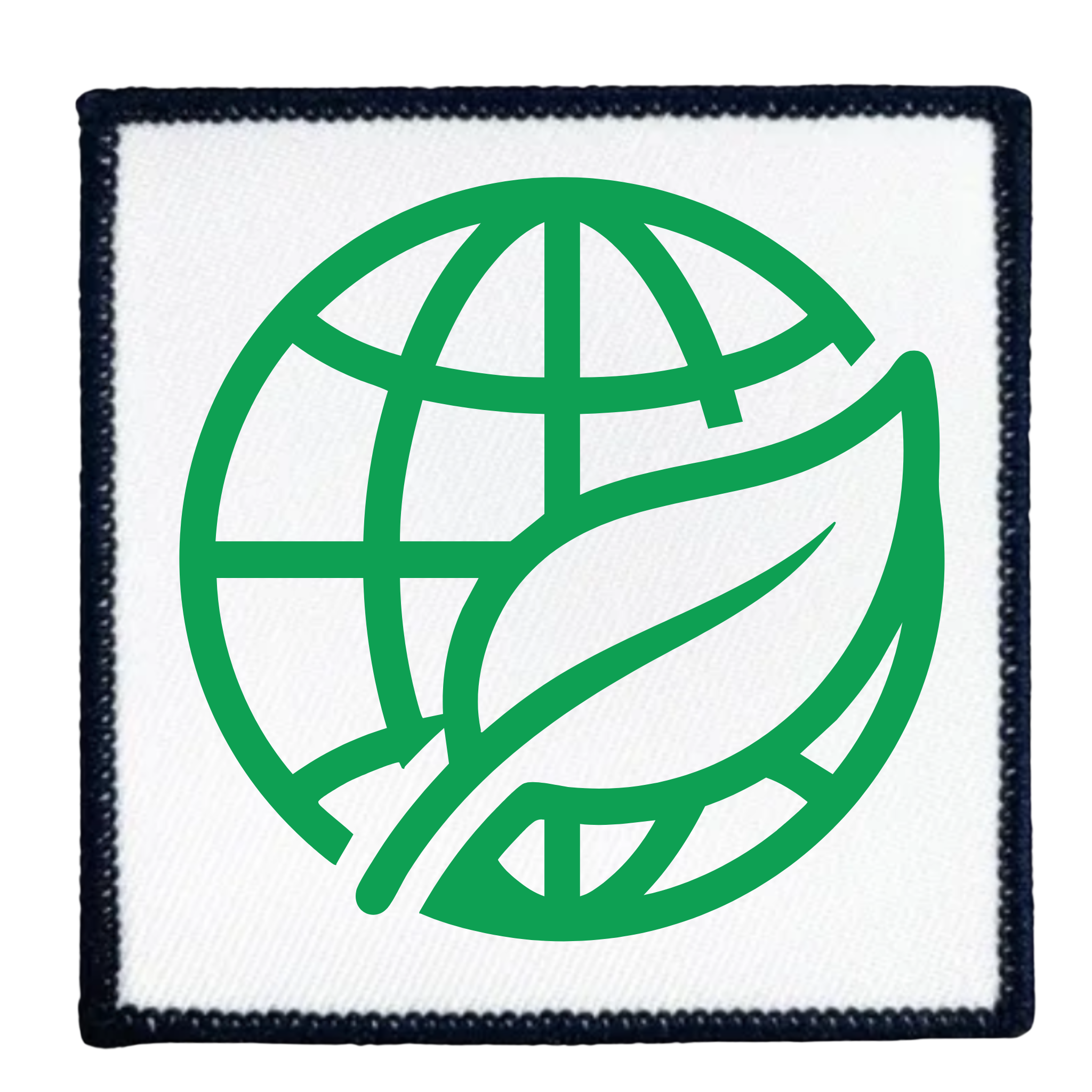Environmental Steward Badge Green globe and leaf symbol on a white background with teal border
